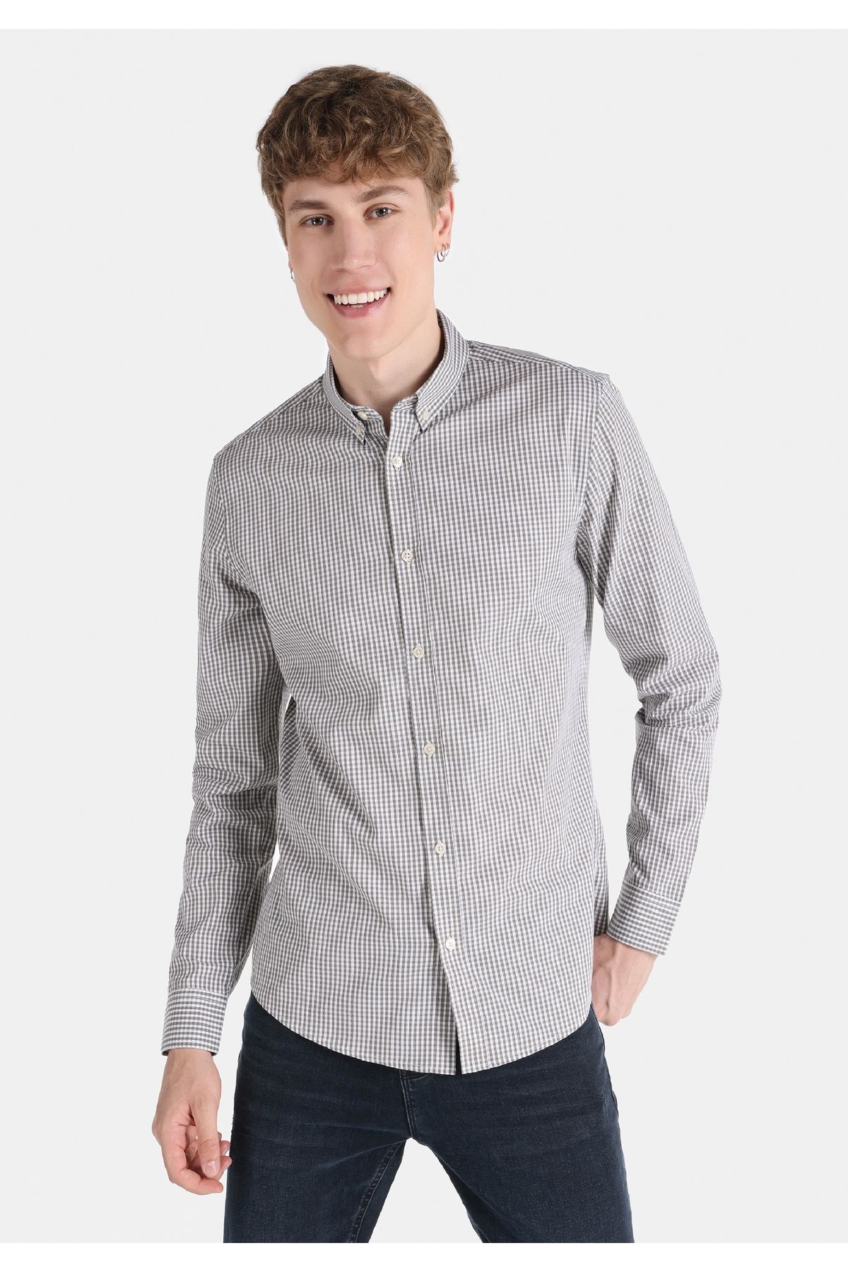 پیراهن / بلوز دکمه دار خاکستری مردانه آستین بلند Slim Fit Colin’s