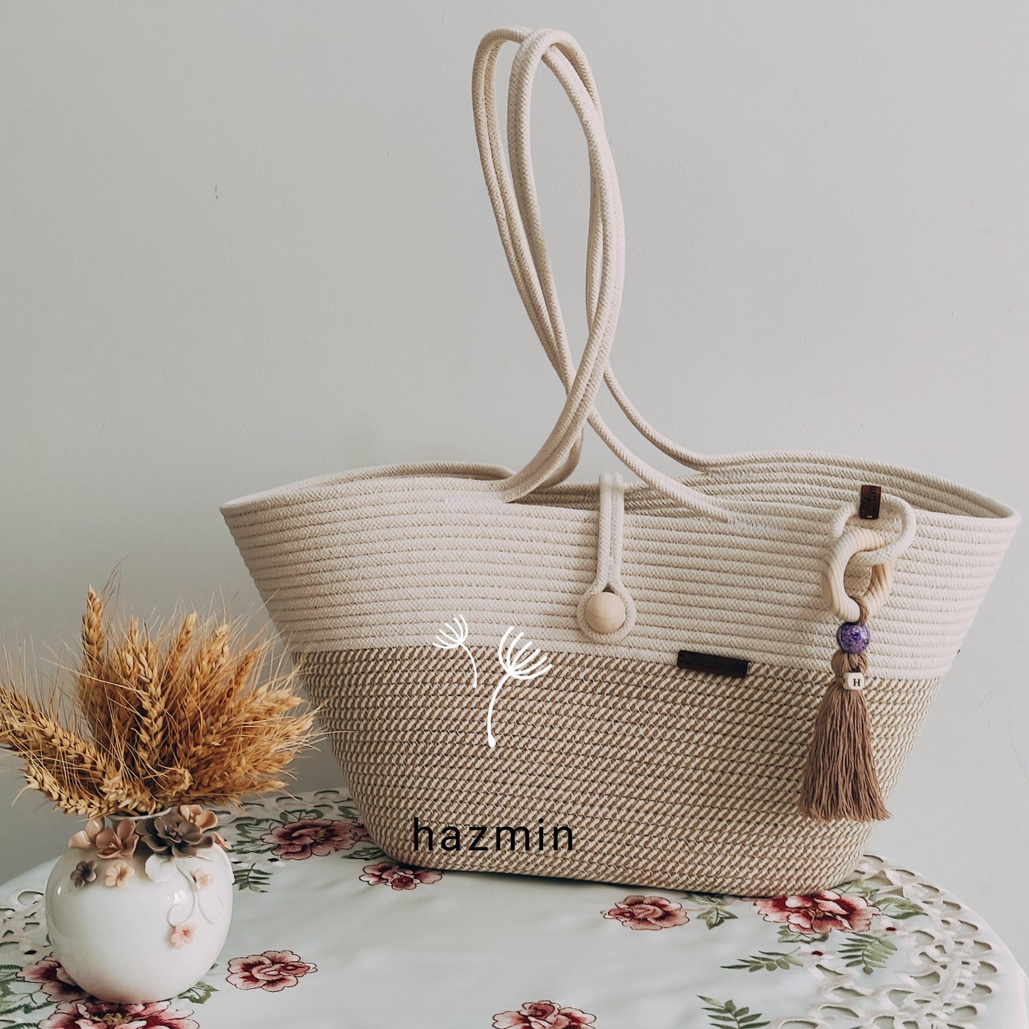 زنبیل دسته قیطونی شیری کنفی