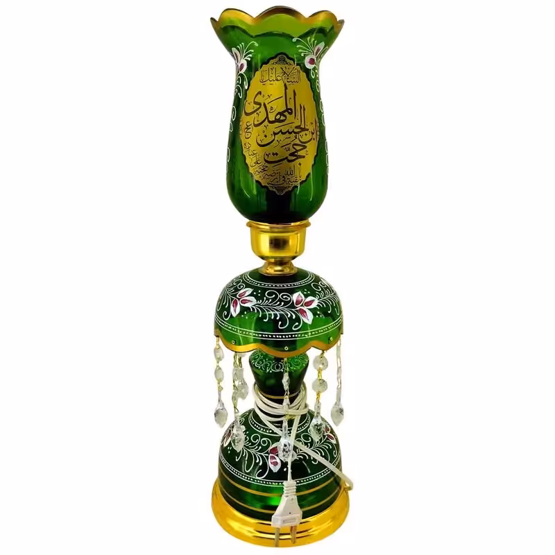 103262-لاله شمعدانی کوچک ارتفاع 46 قطر دهانه 11-سبز یا اباصالح المهدی عج و یا اباالفضل العباس ع-کنار منبری هیئت