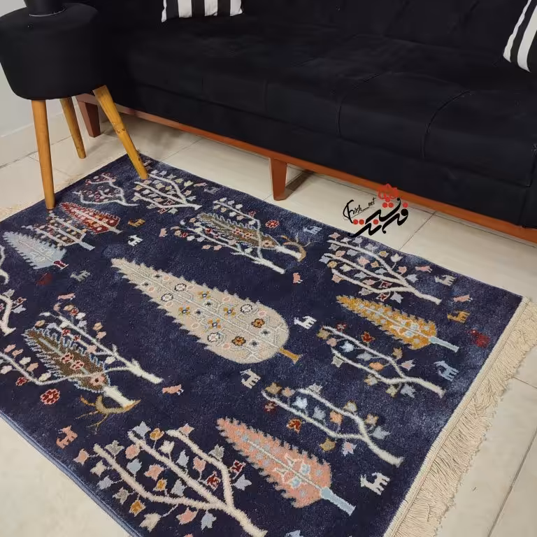 گلیم فرش ساوین طرح 3248 رنگ سرمه ای سایز 1.5*2.25