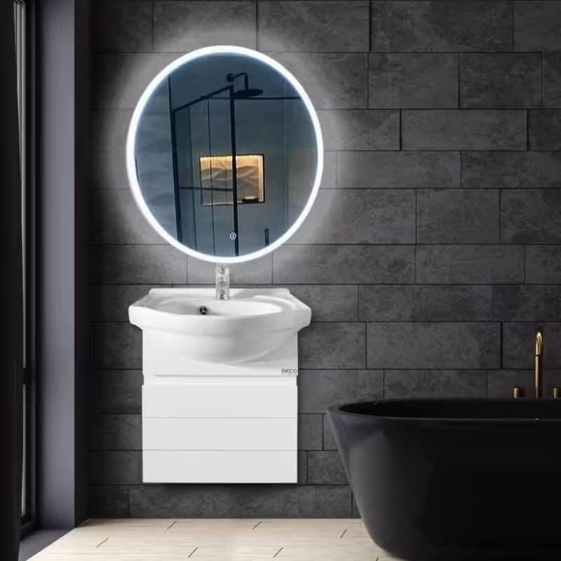 روشویی کابینتی سفید دیواری سایز 55 همراه آینه بک لایت گرد (پس کرایه)