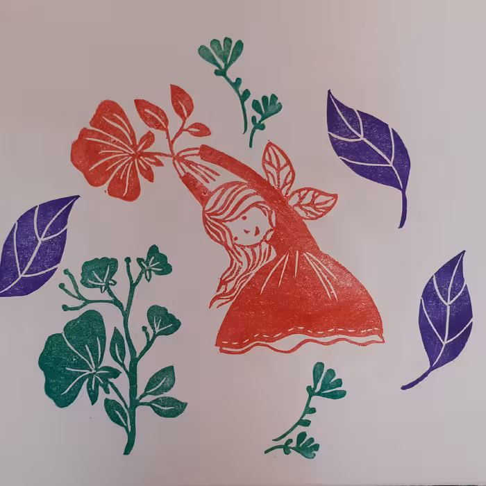 مهر دستساز لینولئوم طرح دخترک و گل و قاصدک مناسب چاپ کاغذ