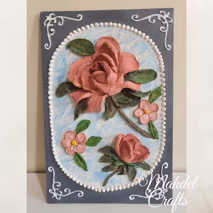 تابلوی فوق برجسته اسکالپچر طرح گل رز ابعاد 20 در 30 کاملا کار دست