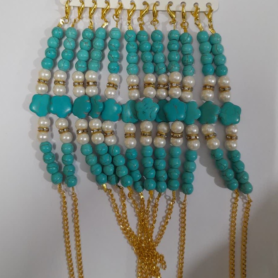 دستبند مروارید زنجیری فیروزه (طرح حکاکی) 