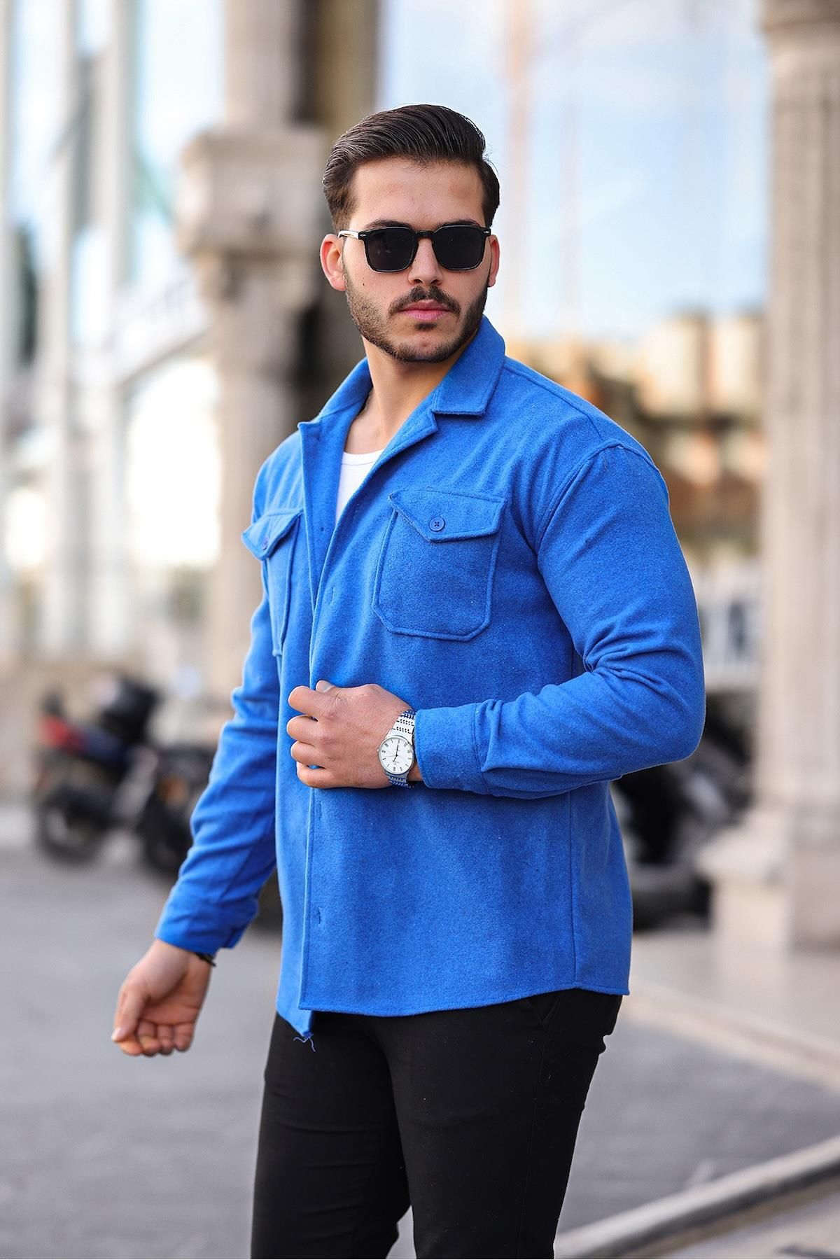 پیراهن / بلوز دکمه دار آبی مردانه تمبر ای دو جیب Saks Blue Valiberta