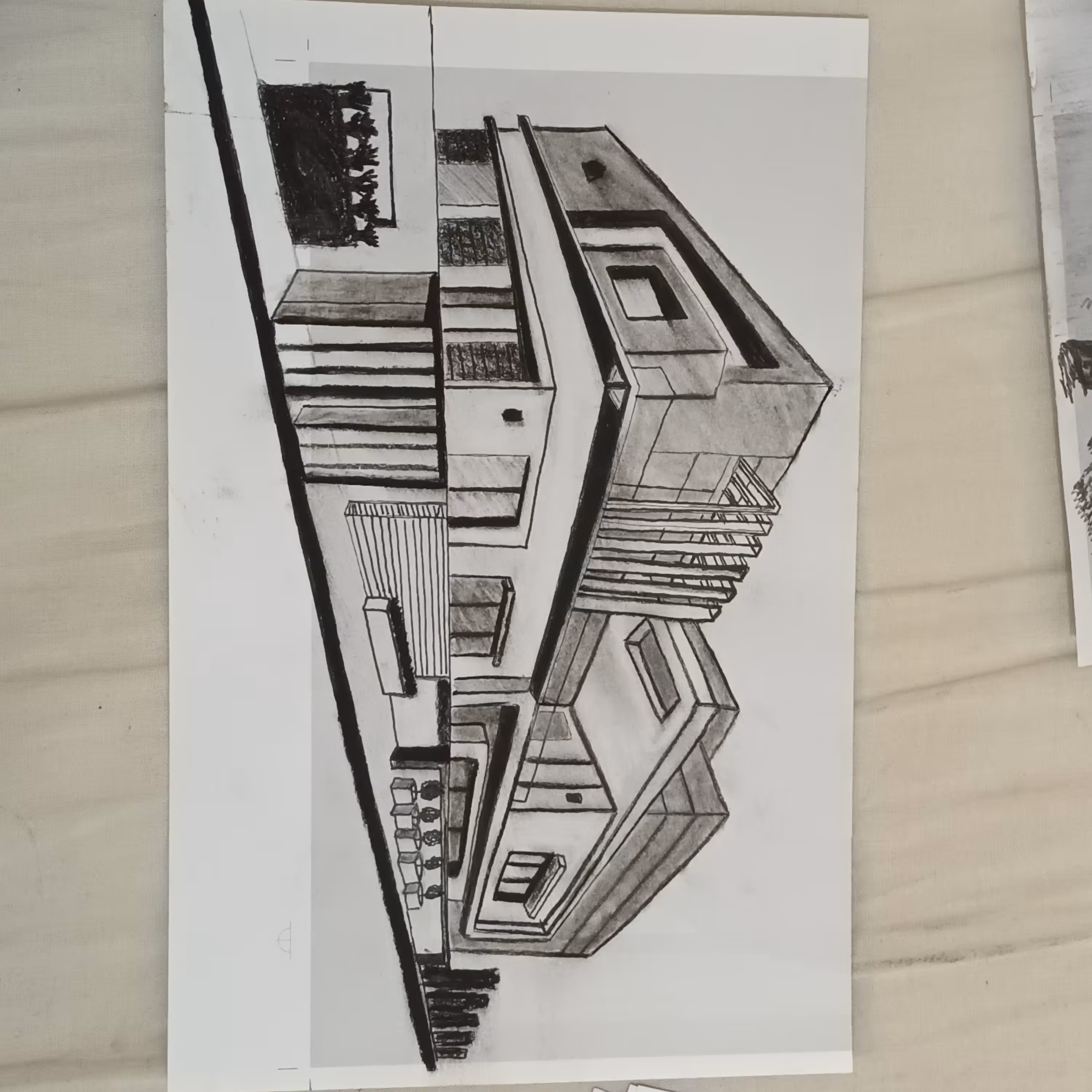 طراحی نمای دو بعدی ساختمان مدرن با مداد ذغالی اندازه A5