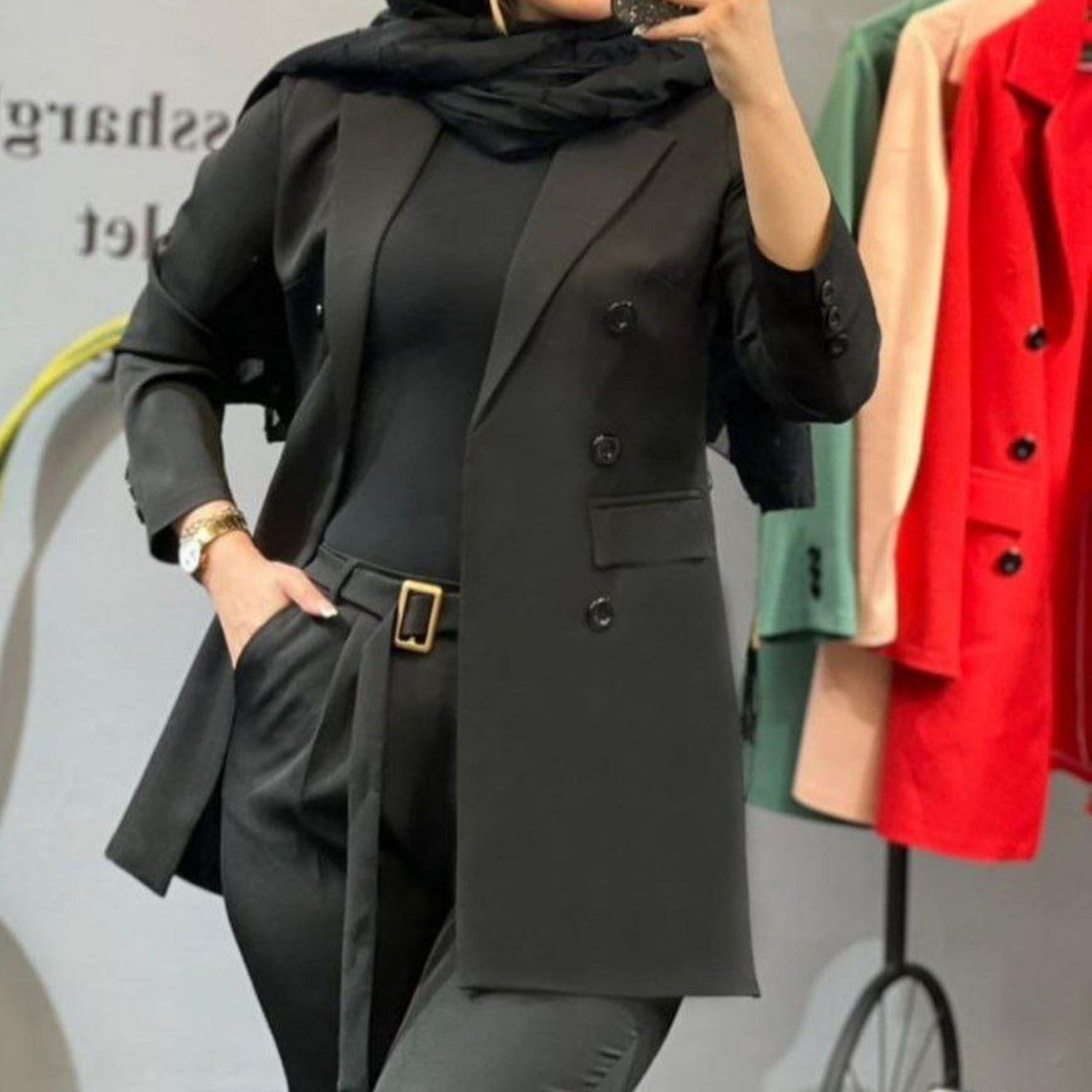 کت شش دکمه  کرپ مازراتی جلوکار لایه پرشین