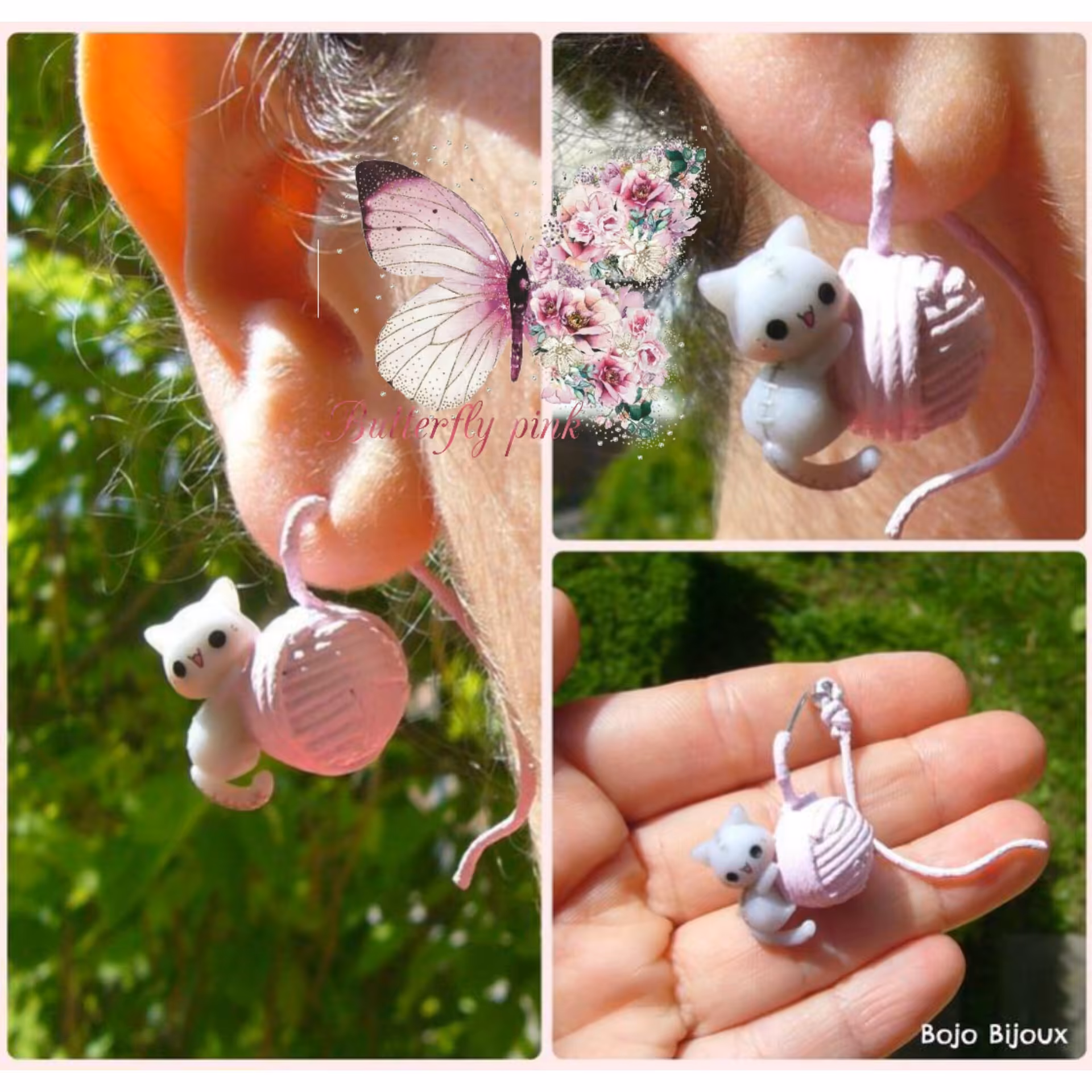 گوشواره میخی دخترانه فانتزی پیشی و کاموا،گوشواره گربه و کاموا