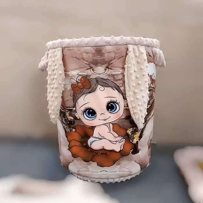 سبد اسباب بازی و سبد لباس کودک و سیسمونی تم دخترانه رنگ کرم قهوه ای ارتفاع 45تا 40 سانت