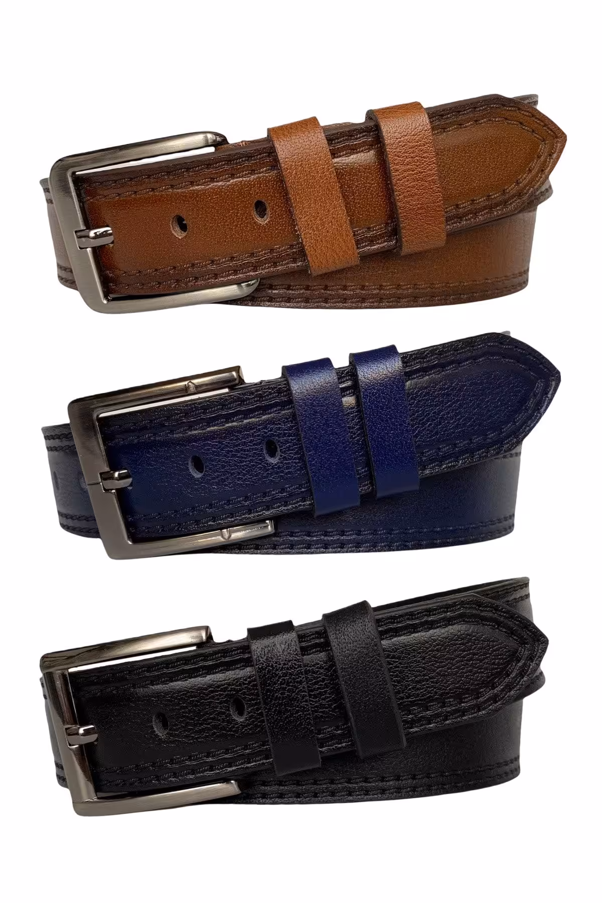 کمربند چند رنگ مردانه و زنانه ست 3 عددی اسپرت جین آبی سرمه ای مشکی قهوه طرح دار چرم اصل 4.5 سانتی متری GoDeri