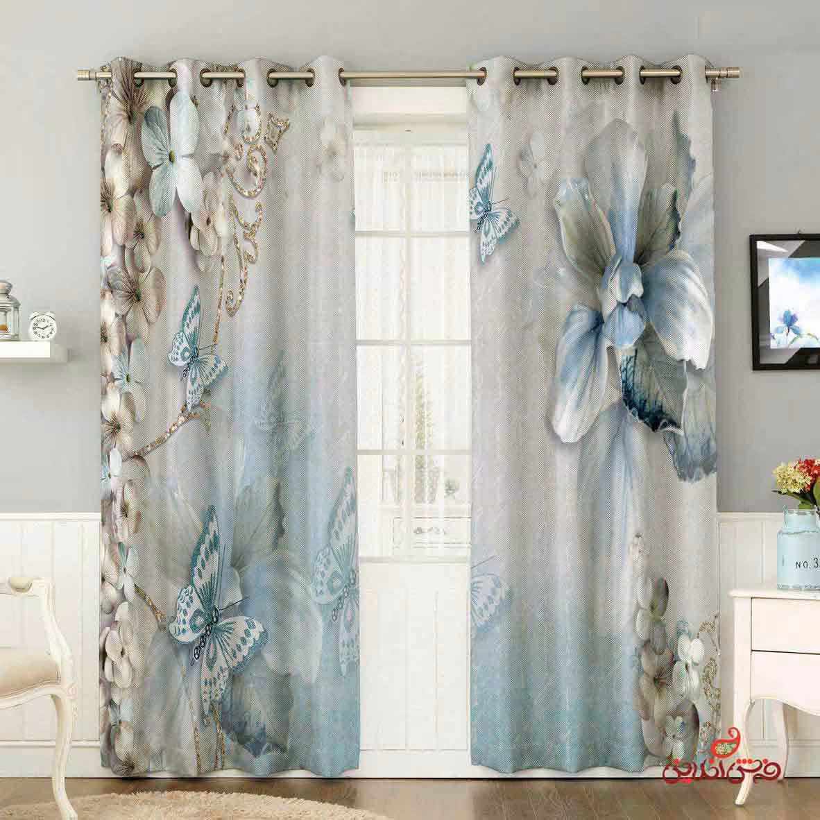 پرده 2عددی طرح گل و پروانه آبی کد 2372