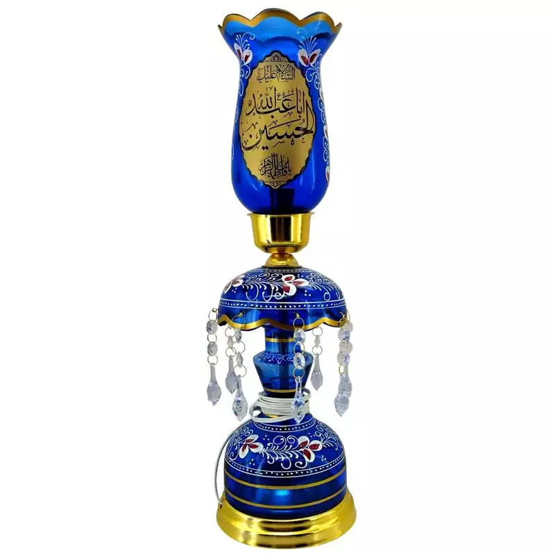103485-لاله شمعدانی کوچک ارتفاع 46 قطر دهانه 11-آبی یا اباالفضل العباس ع و یا حسین بن علی ع-کنار منبری هیئت