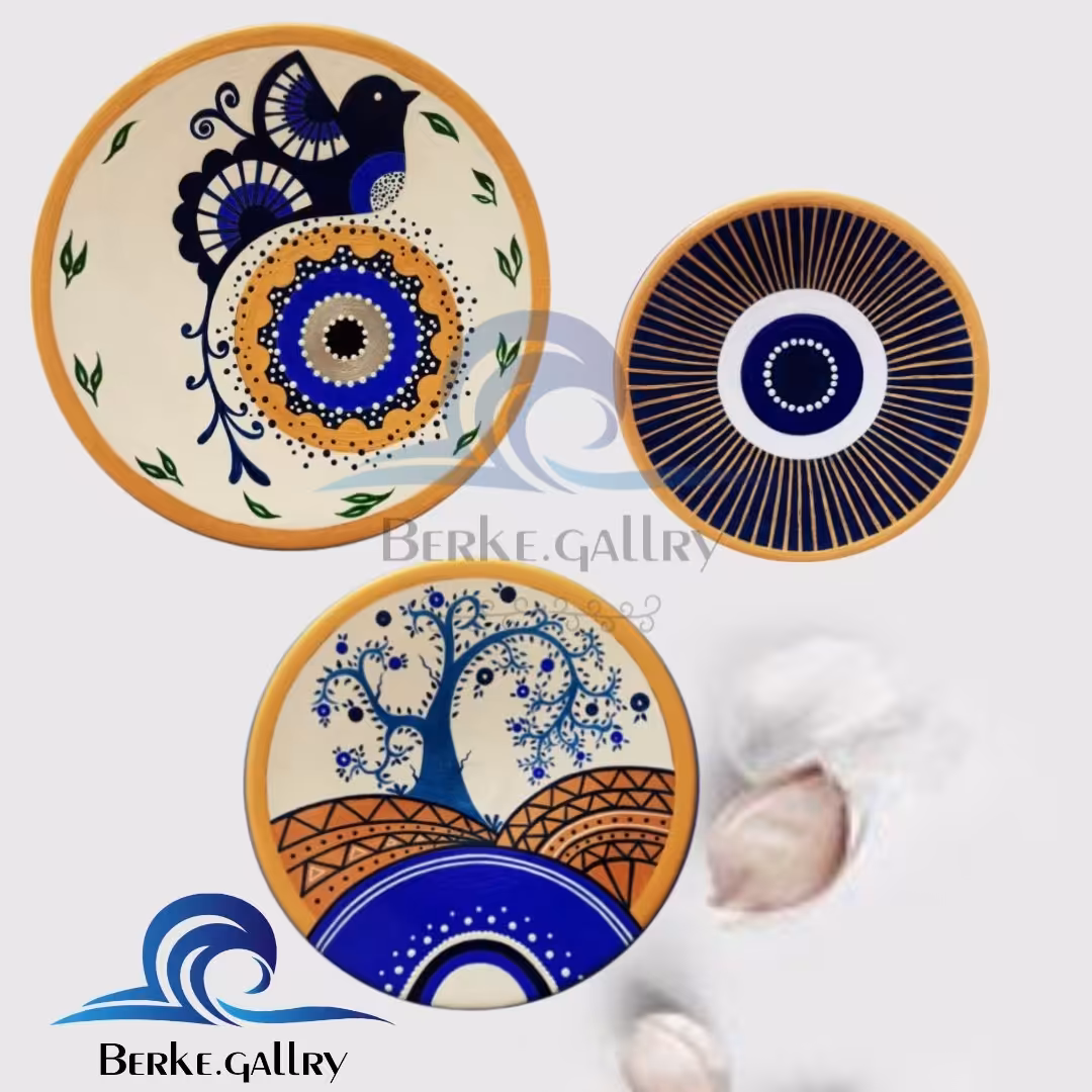 دیوارکوب سفالی زیبا وخاص طرح چشم نظر و مرغ آمین مجموعه 3عددی