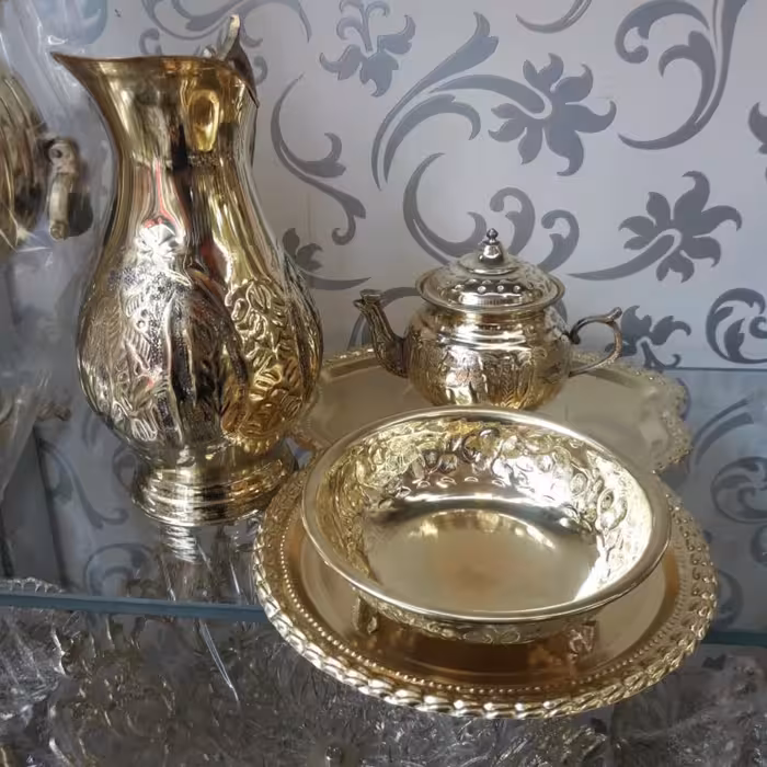 سینی سماور و پارچ و جام و قوری (ست سماور 4 تکه) برنجی مخصوص سماور زغالی 