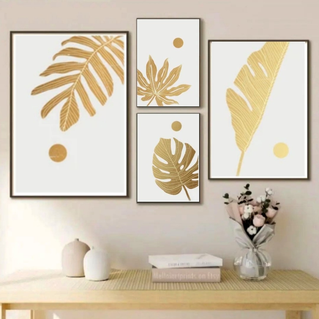 تابلو دکوراتیو برگ انجیری طلایی با زمینه سفید چهار تکه