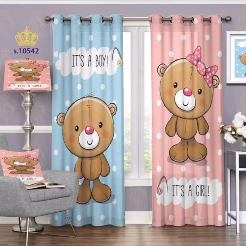 پرده اتاق خواب کودک دو قواره پانچ آماده طرح خرس کد S10542