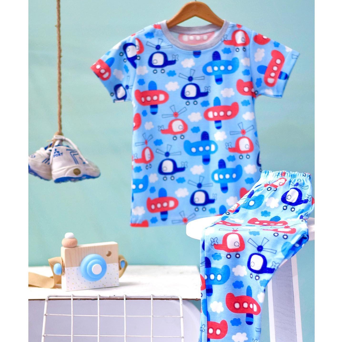 بلوز شلوارک راحتی هواپیما آبی روشن تولید داخل پسرانه تابستانی مناسب 4تا9 سال