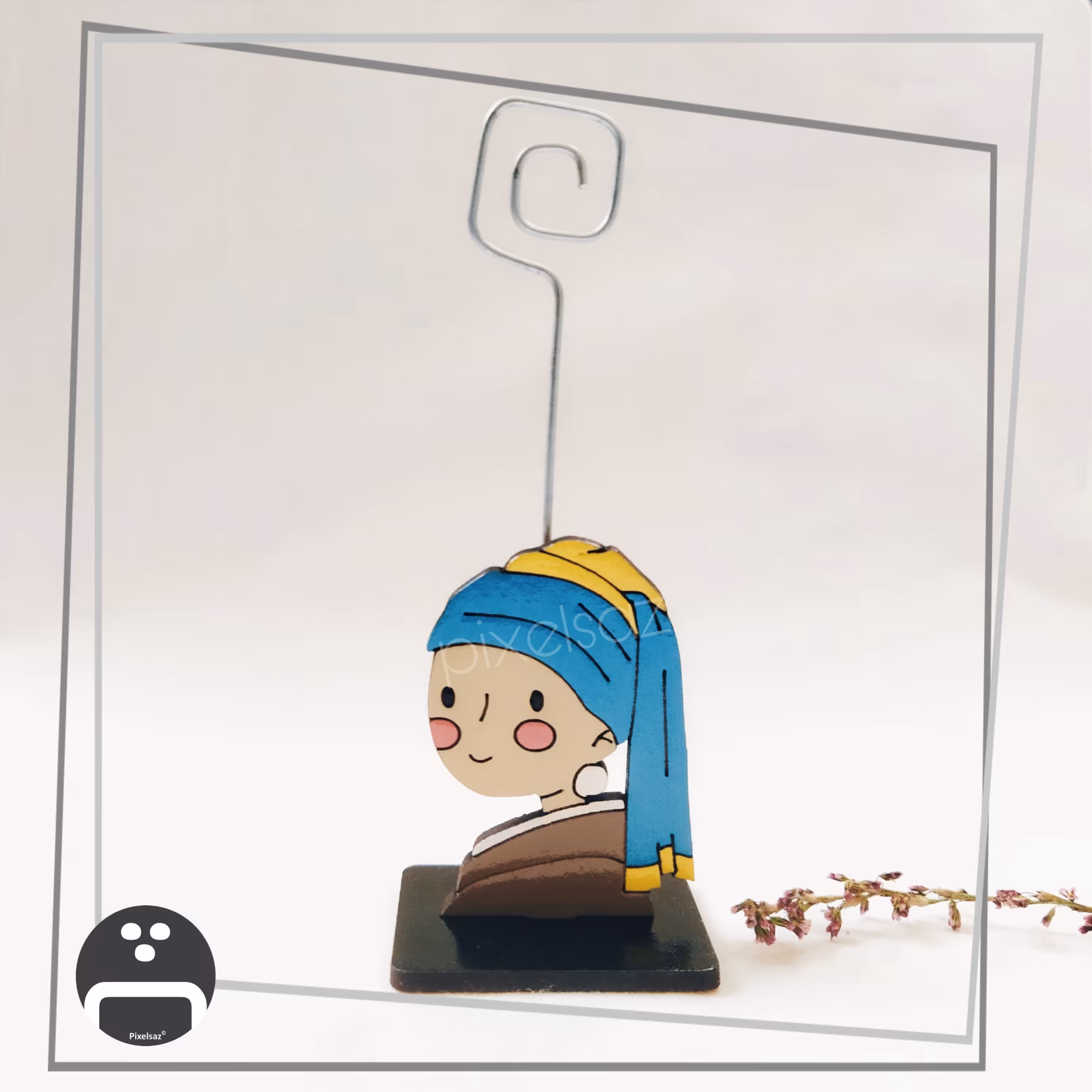 هولدر عکس و یادداشت رومیزی طرح دختری با گوشواره مروارید پیکسل ساز - جنس چوب و نقاشی شده - ضدآب