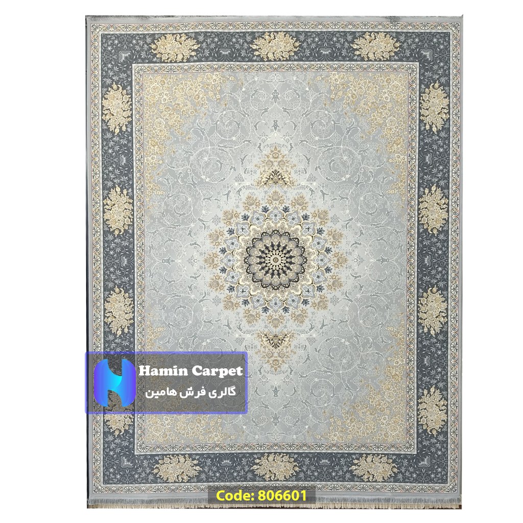 فرش 12 متری 700شانه تراکم 2550 نخ آکلریک رنگ زمینه نقره ای کد AR806601