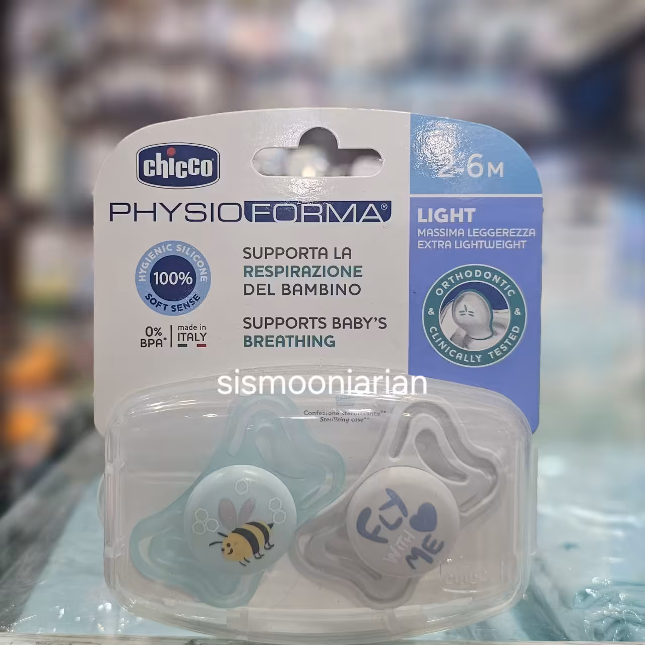 پستانک چیکو ارتدنسی 2عددی سایز 2 تا 6 ماه فیزیو فورما chicco طرح fly love me زنبور