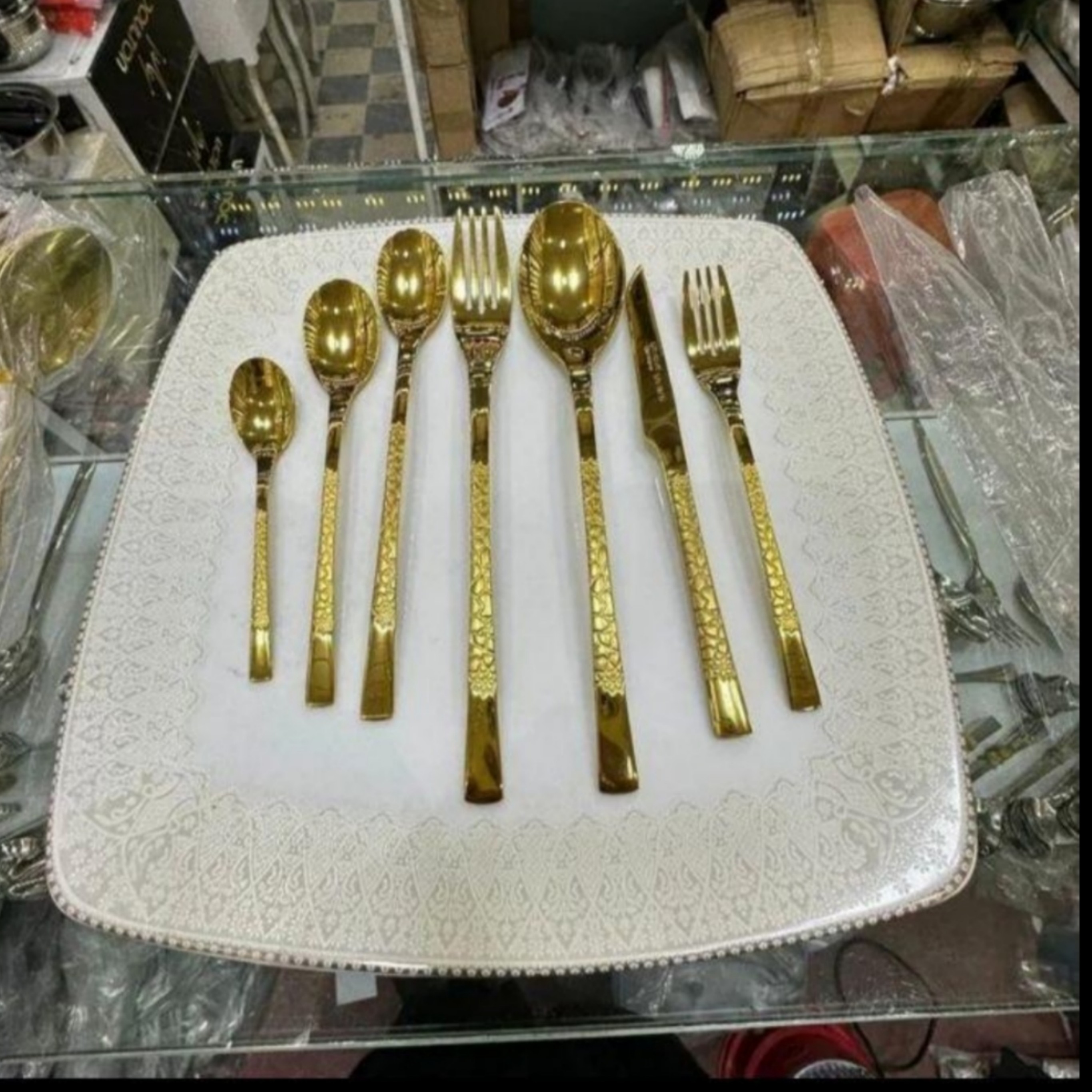 سرویس قاشق و چنگال 24 نفری تمام استیل یونیک آلمان طرح سنگی مدل اروپایی طلایی ارسال رایگان