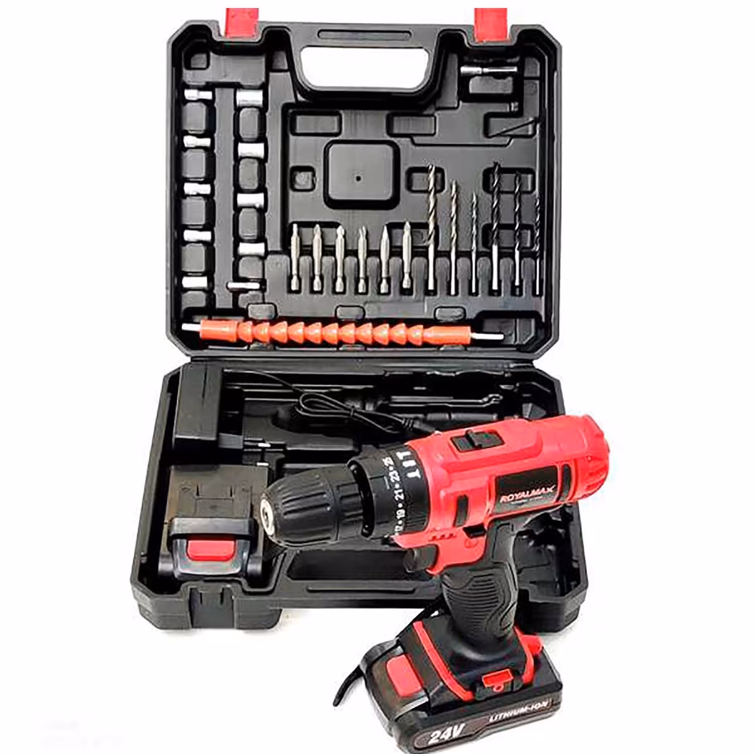 دریل شارژی 24ولت رویال مکس  دو باطری به همراه یراق آلات و جعبه مقاوم BMC