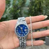 ست ساعت دستبند فول نگین بند فلزی صفحه ابی