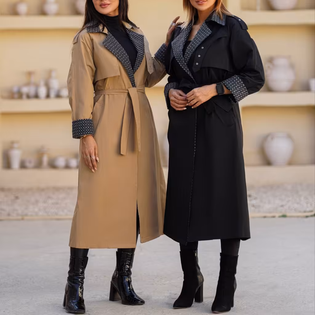 بارونی زنانه بلند مدل ماکسی ترکیبی جنس کتان زارا ضخیم درجه یک و شانل ترک درجه یک مشکی،زیتونی،کرم،نخودی،آجری،سبز پاستلی