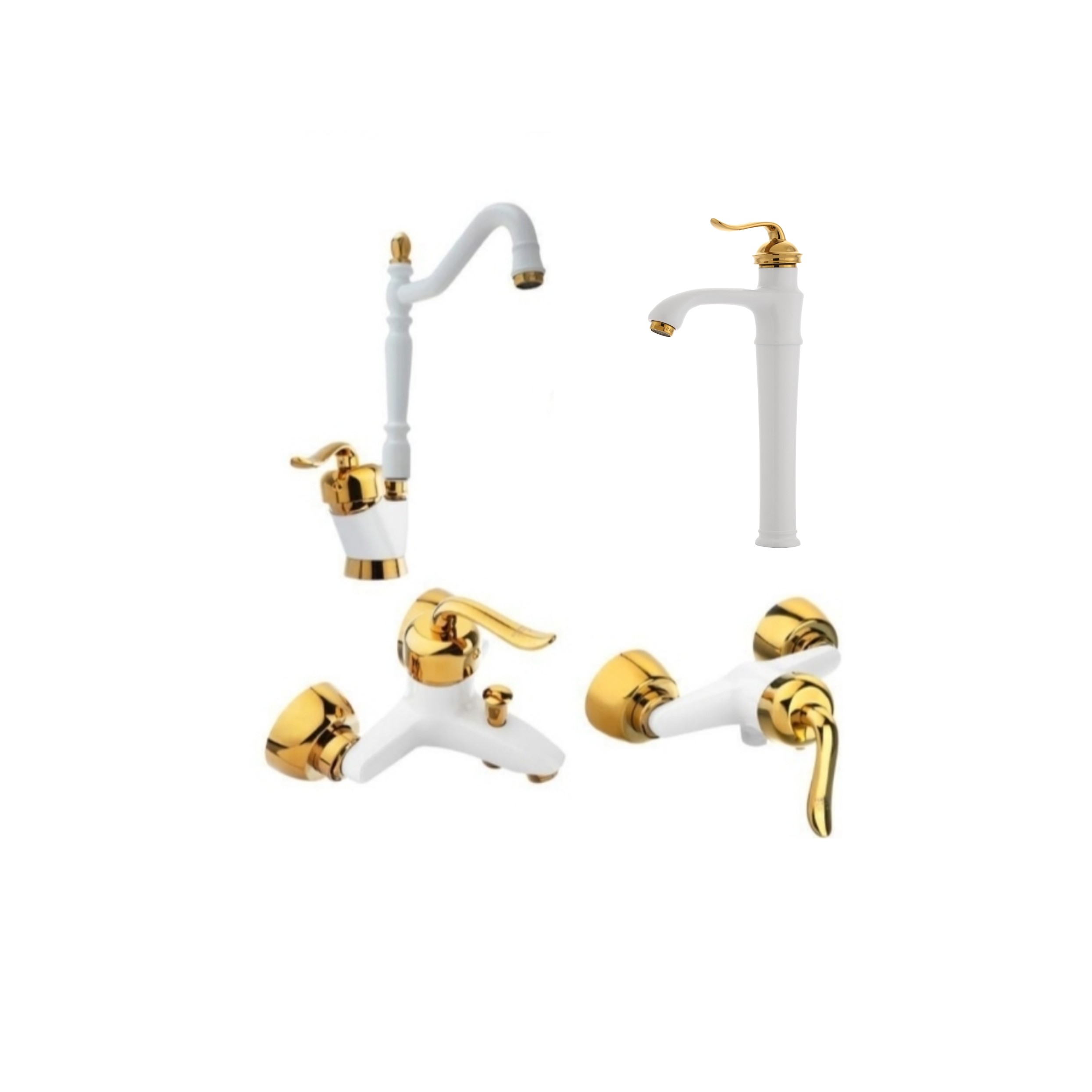 ست 4 تایی شیرآلات قاجاری سفید طلا با شیر روشویی پایه بلند (ارسال رایگان)