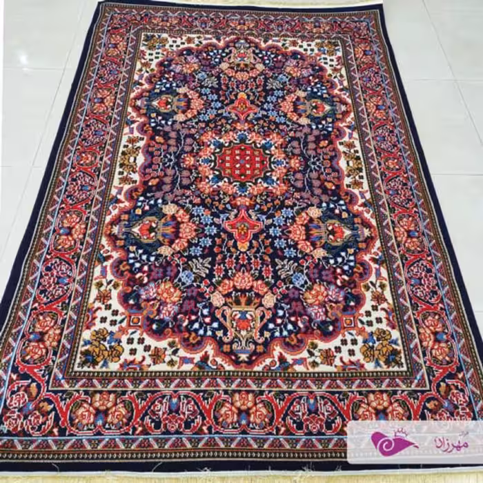 گلیم ماشینی 12 متری طرح شکوفه سرمه ای