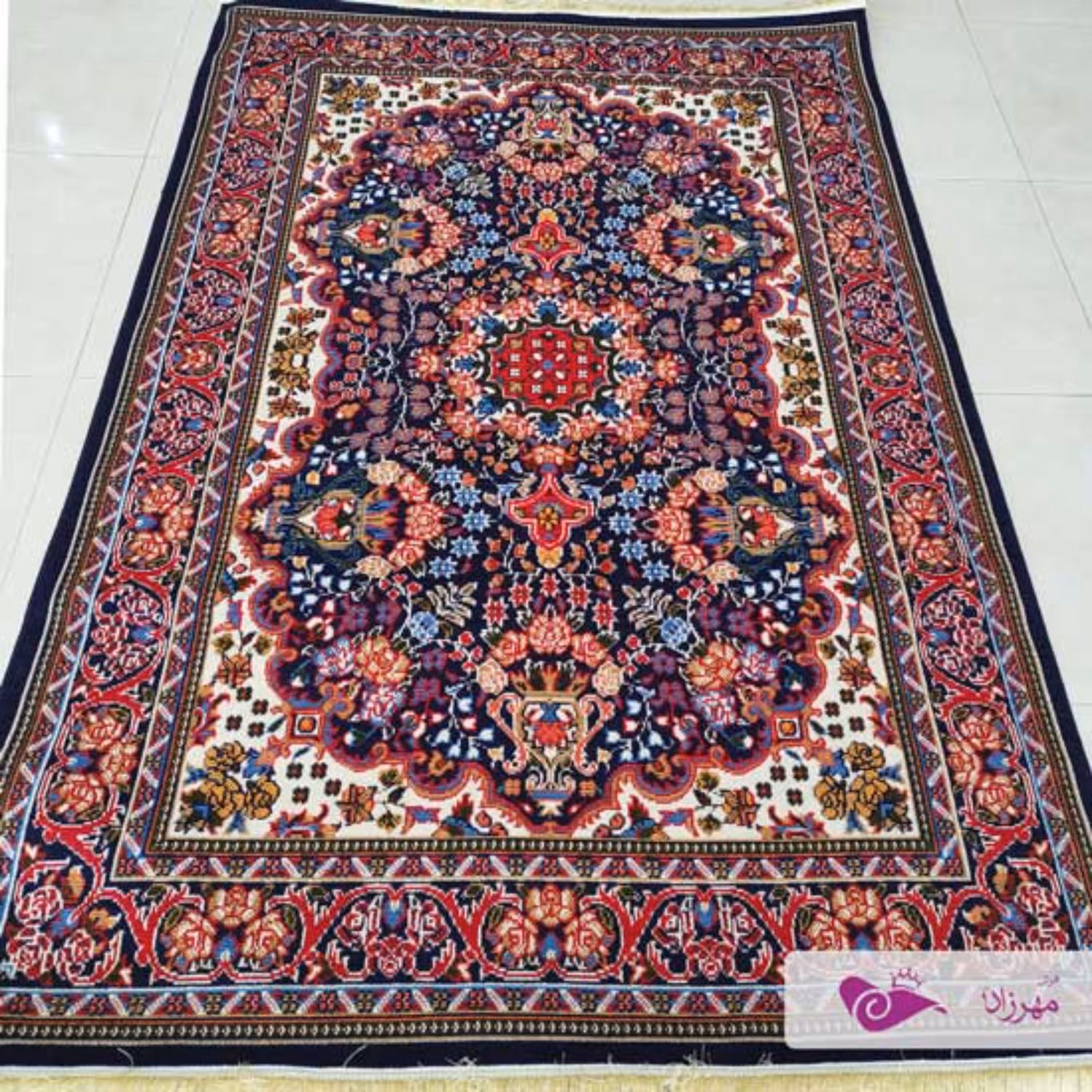 گلیم ماشینی 12 متری طرح شکوفه سرمه ای