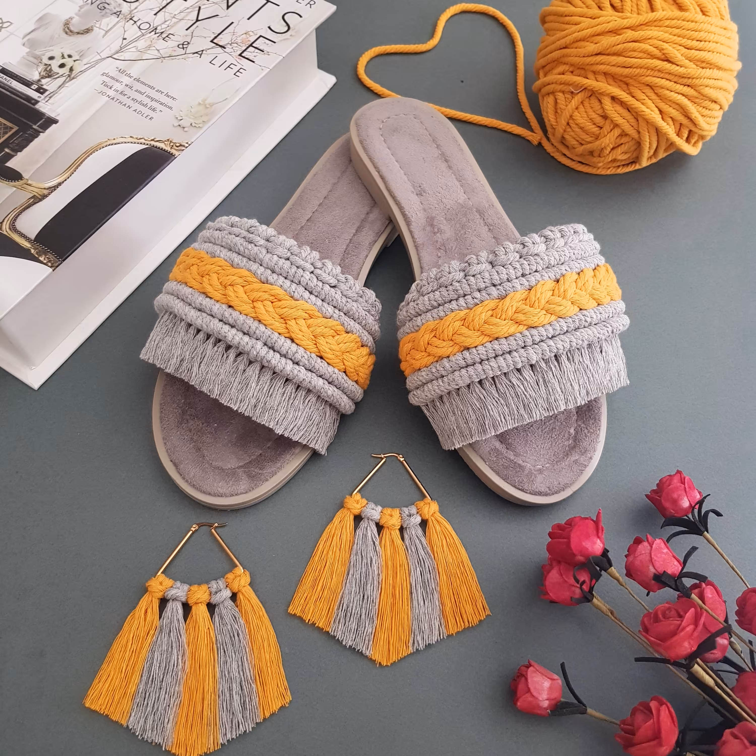 ست صندل و گوشواره مکرومه طوسی