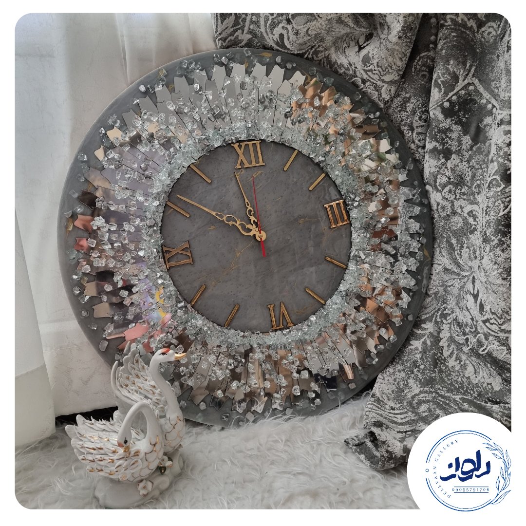 ساعت  چوبی آیینه ای رزینی  طوسی با رگه های طلایی 60سانت