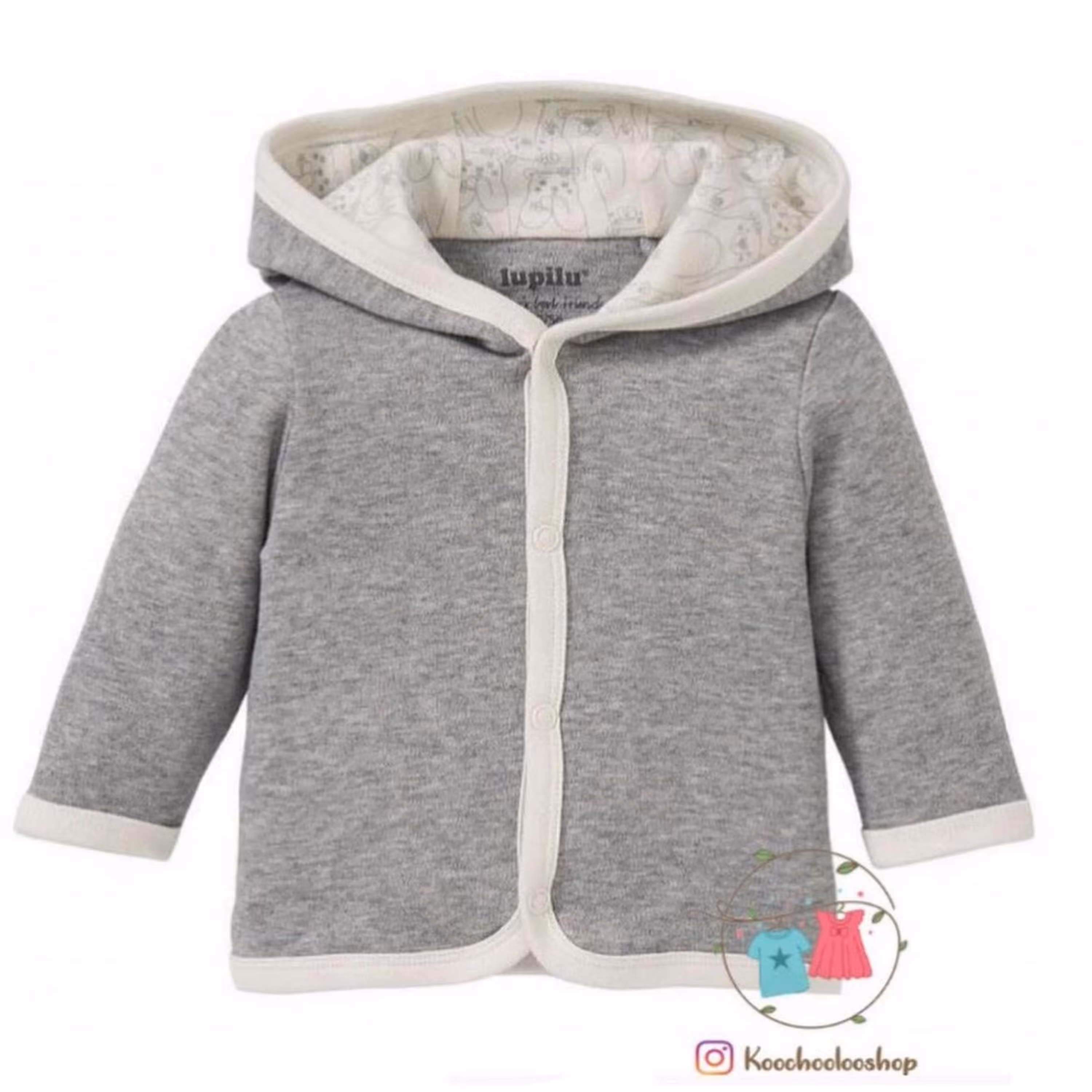 سویشرت نخی راحت نوزادی لوپیلو نیمه کشی طوسی 12 تا 24 ماه قواره دار