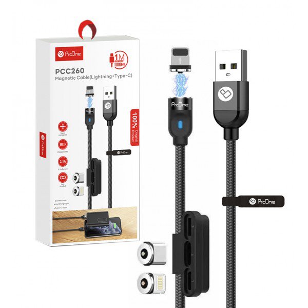 کابل شارژ مگنتی LED دار 2 کاره آیفون و تایپ سی ProOne طول 1 متر مدل PCC260



