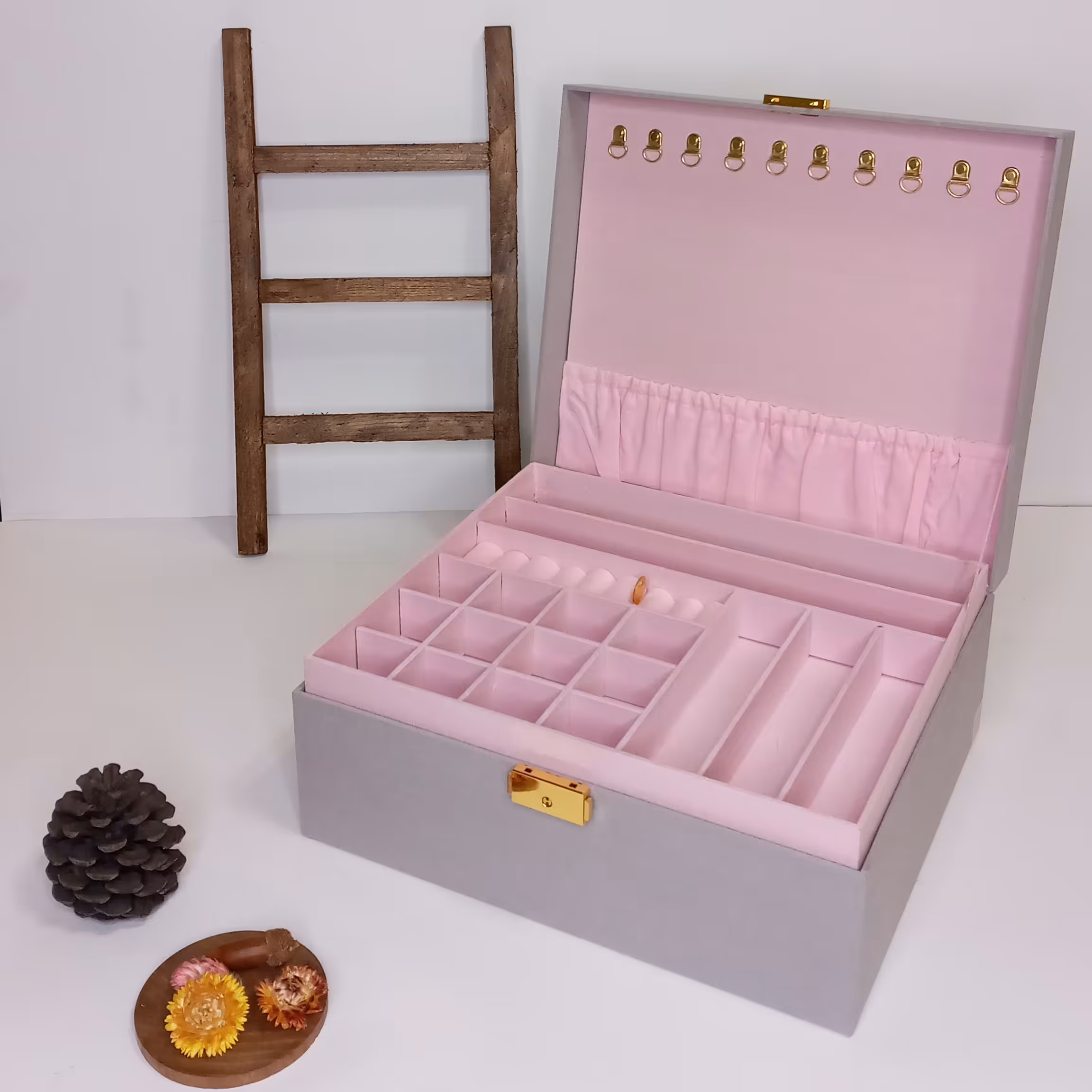 جعبه جواهرات دست ساز دو طبقه  باتی باکس رنگ طوسی