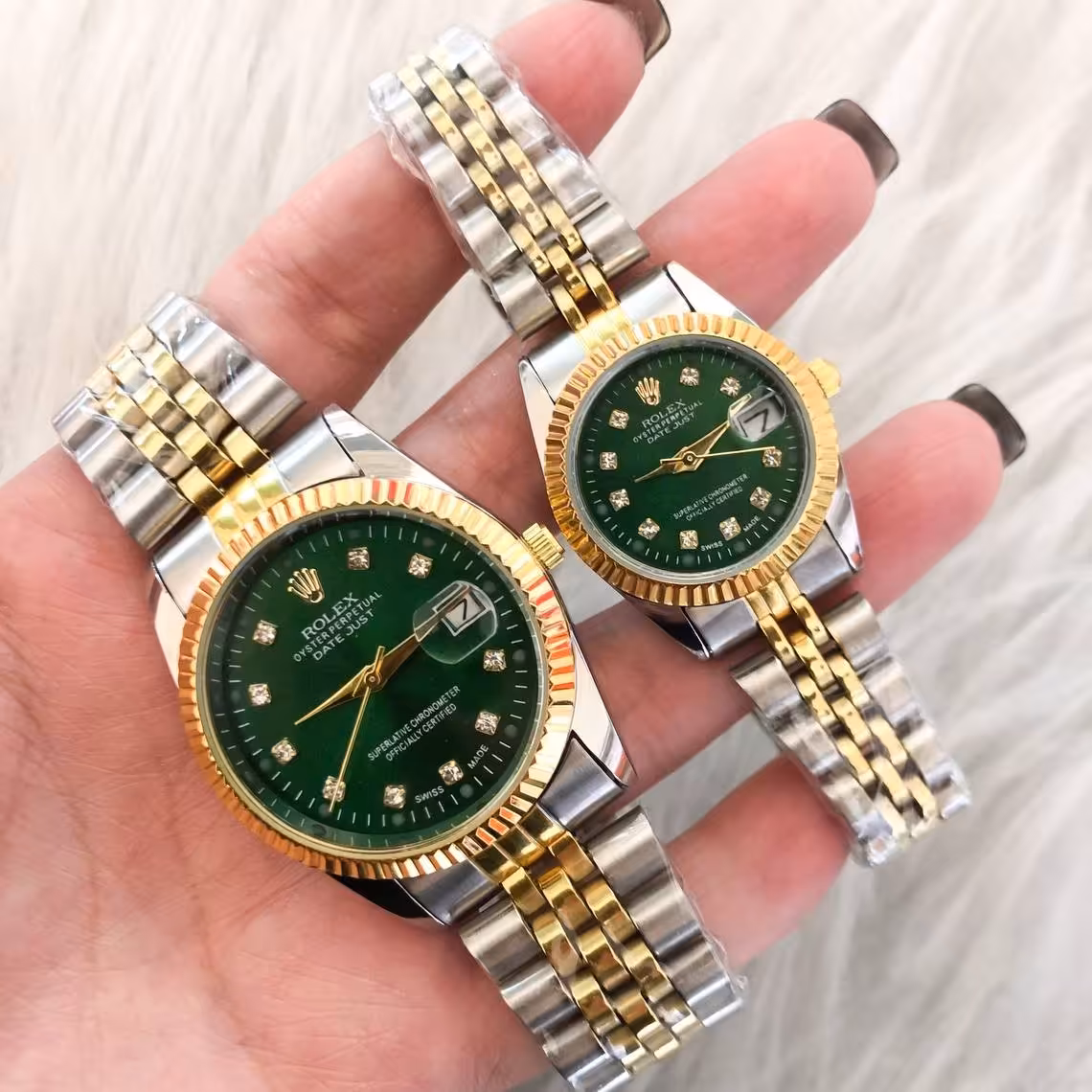 ساعت ست رولکس صفحه سبز بند دو رنگ