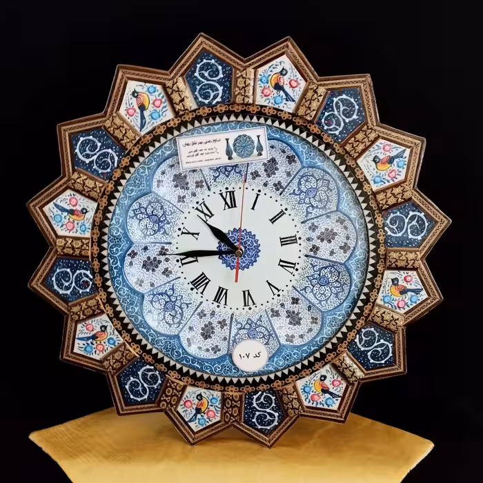 ساعت خاتم کاری خورشیدی طرح گل و مرغ با صفحه وسط مینا کاری ( کد  109 )