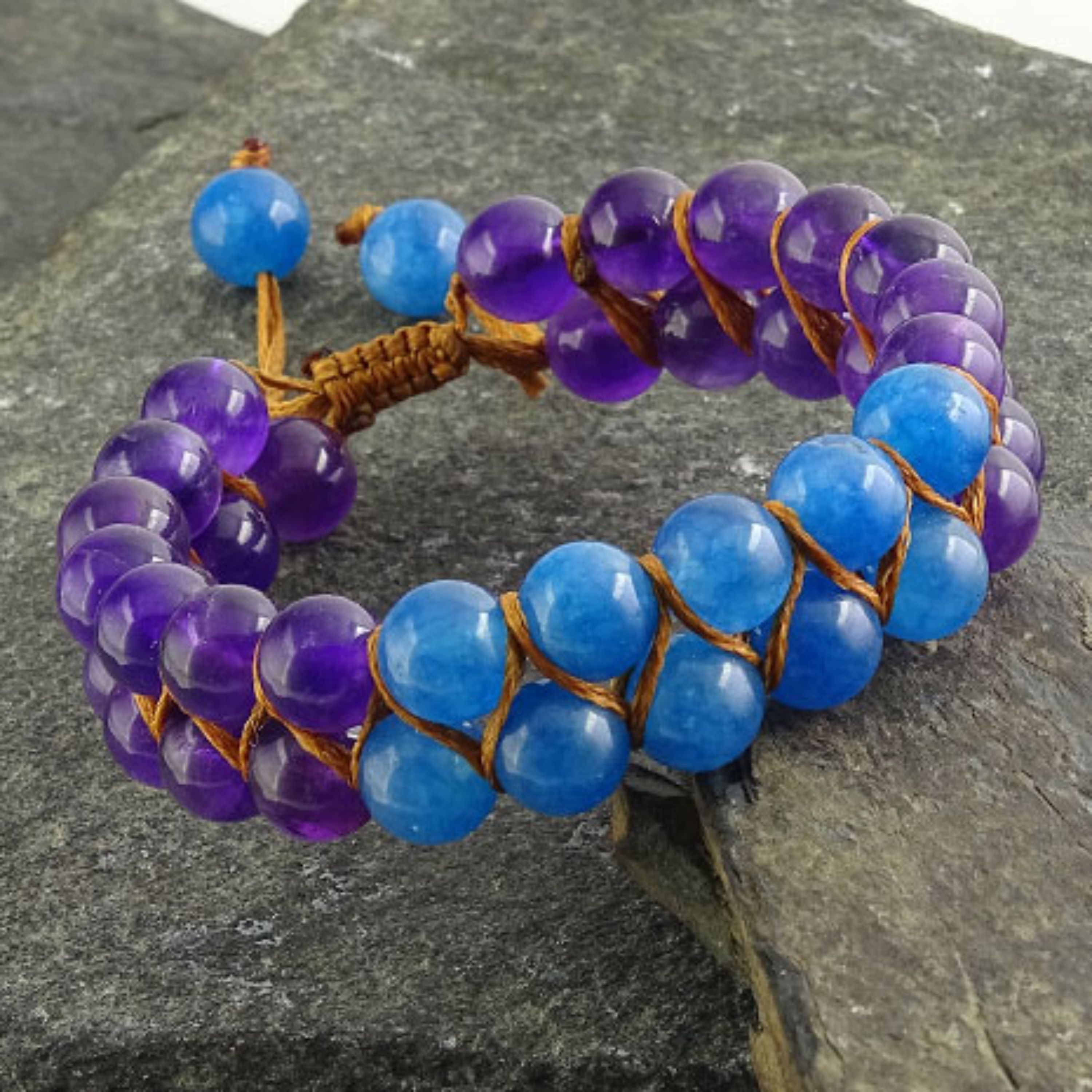 دستبند سنگ طبیعی سنگ آمتیست و کوارتز آبی