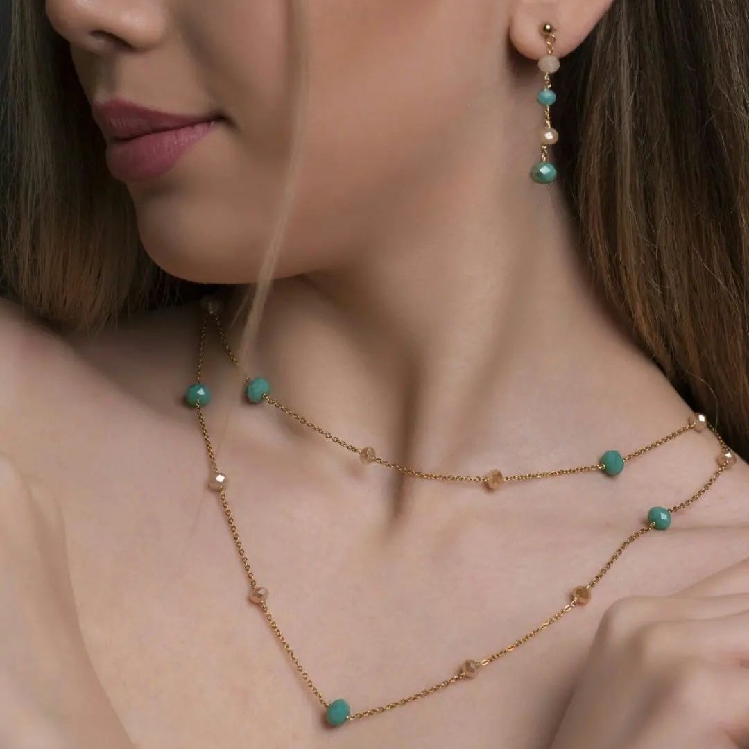 نیم ست استیل و کریستال فیروزه ای و نباتی رنگ ثابت ضدحساسیت 