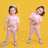 ست اسپرت دخترانه و پسرانه  بیلر پیشبندی و تیشرت رنگین کمان 6 ماه تا 2 سال 