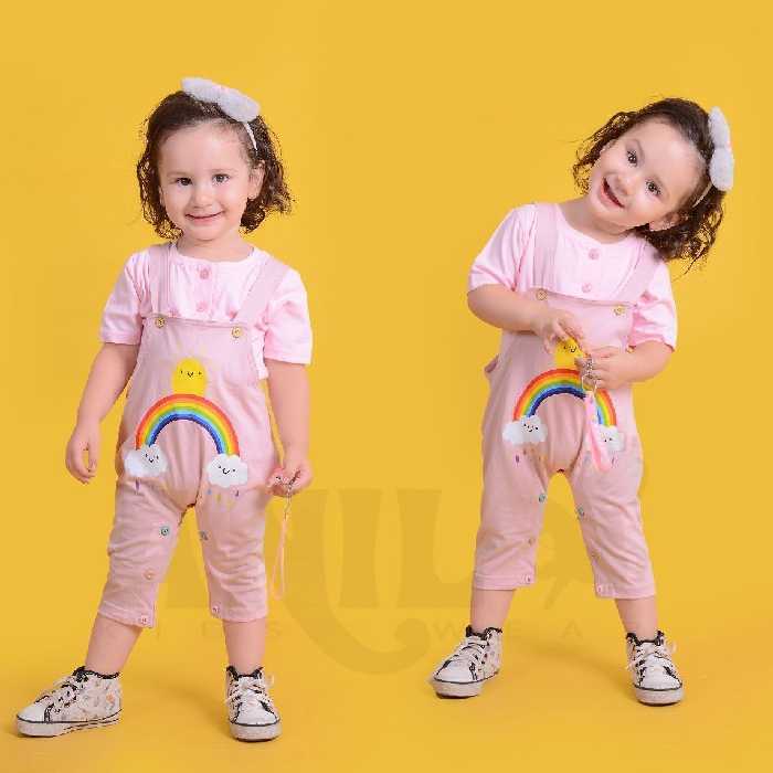 ست اسپرت دخترانه و پسرانه  بیلر پیشبندی و تیشرت رنگین کمان 6 ماه تا 2 سال 