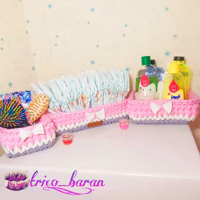 سبد تریکو ارگنایزر سیسمونی سه تیکه صورتی با ارتفاع 4 رج