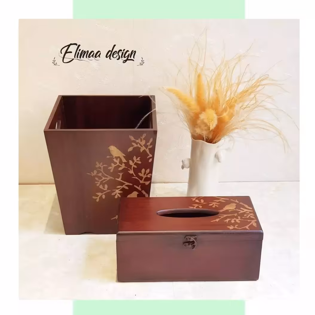 ست سطل و جادستمال به رنگ شاه بلوطی و  طرح گل و مرغ