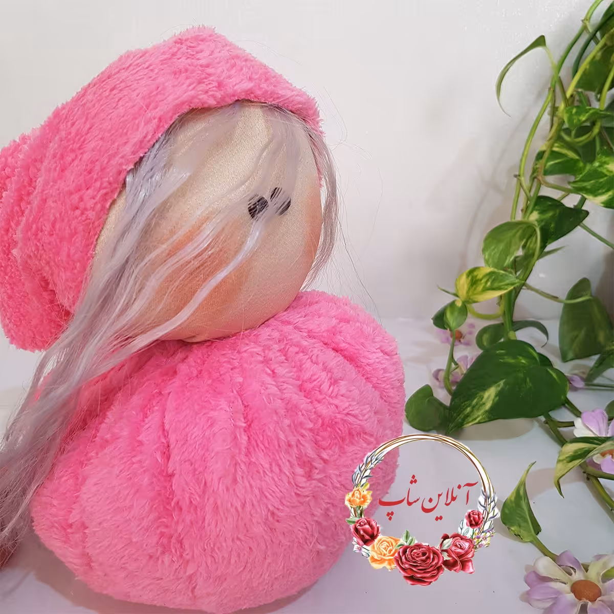 عروسک پولیشی دختر لباس و کلاه دار صورتی رنگ سیسمونی کودک نوزادی هدیه  کادو عیدی