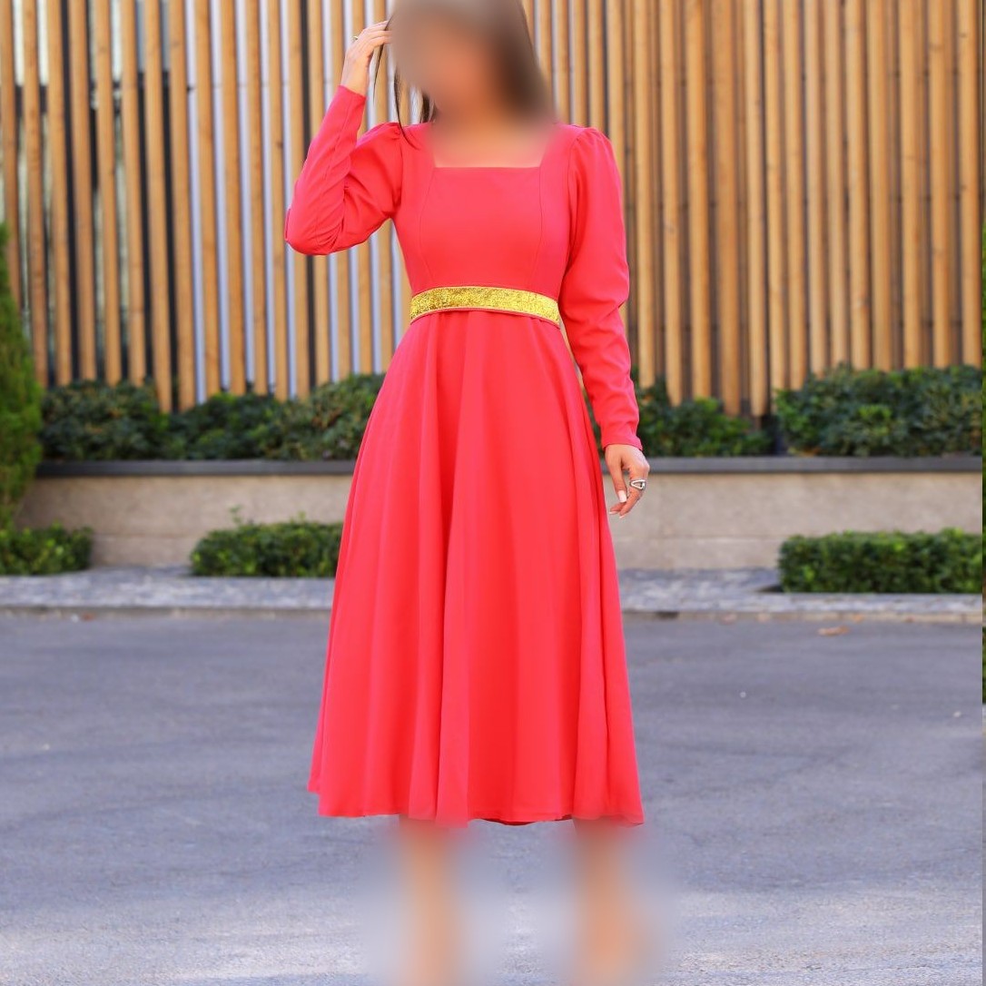 لباس مجلسی زنانه ساده و پوشیده با کمربند خرجکار لمه شنی از سایز 36 تا 50