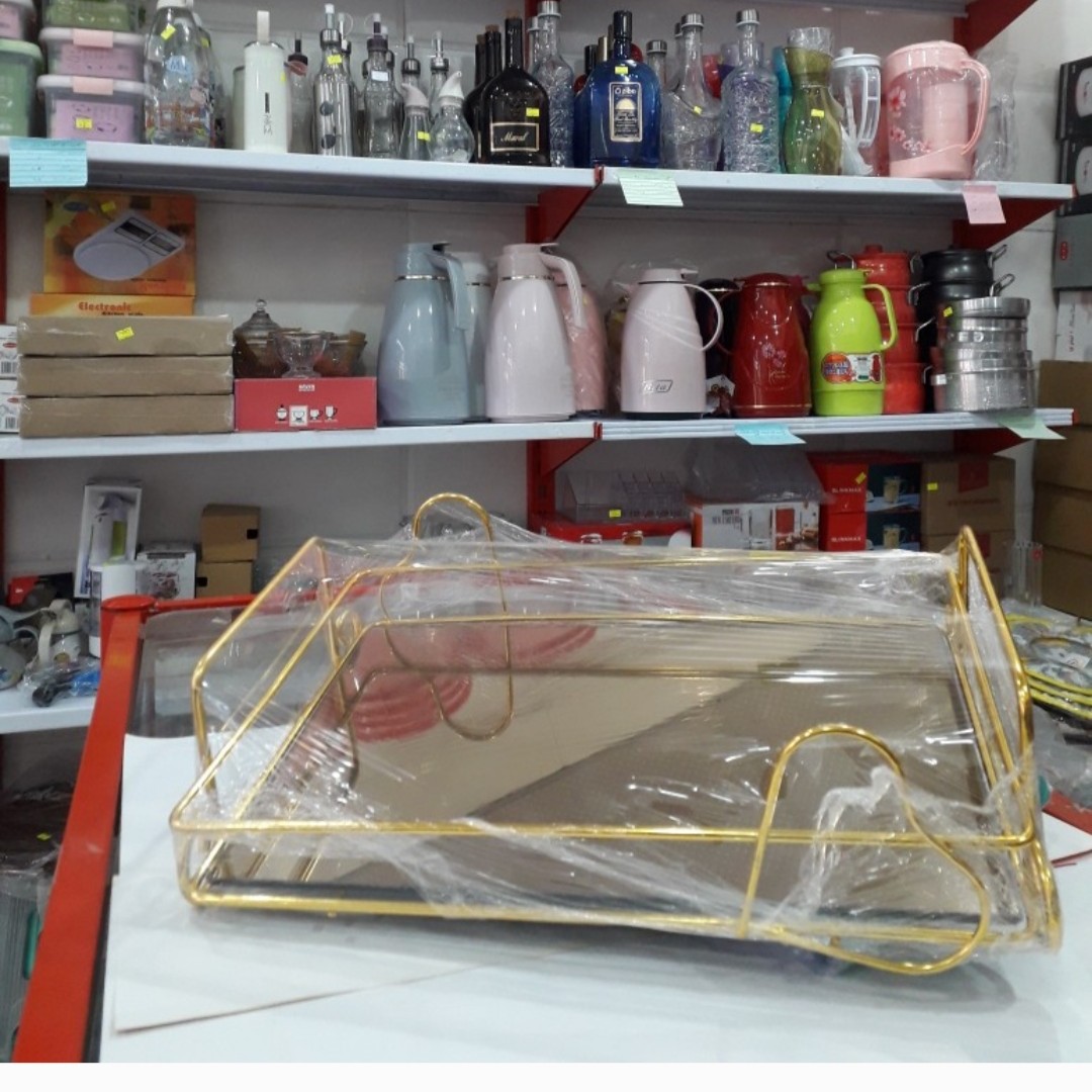 سینی دسته طلایی کف آینه ای