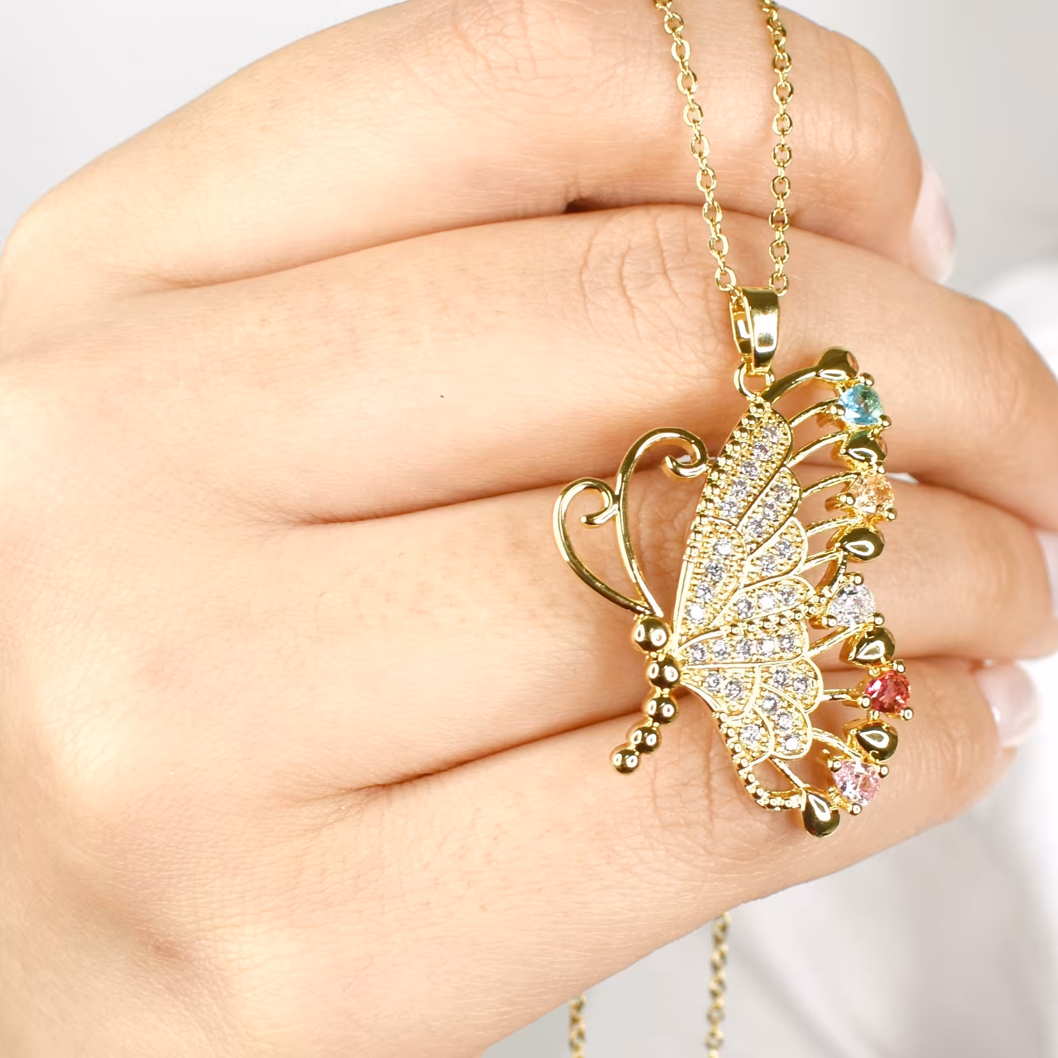 گردنبند استیل پروانه با نگین رنگی با زنجیر استیل 45 سانتی کد 9091