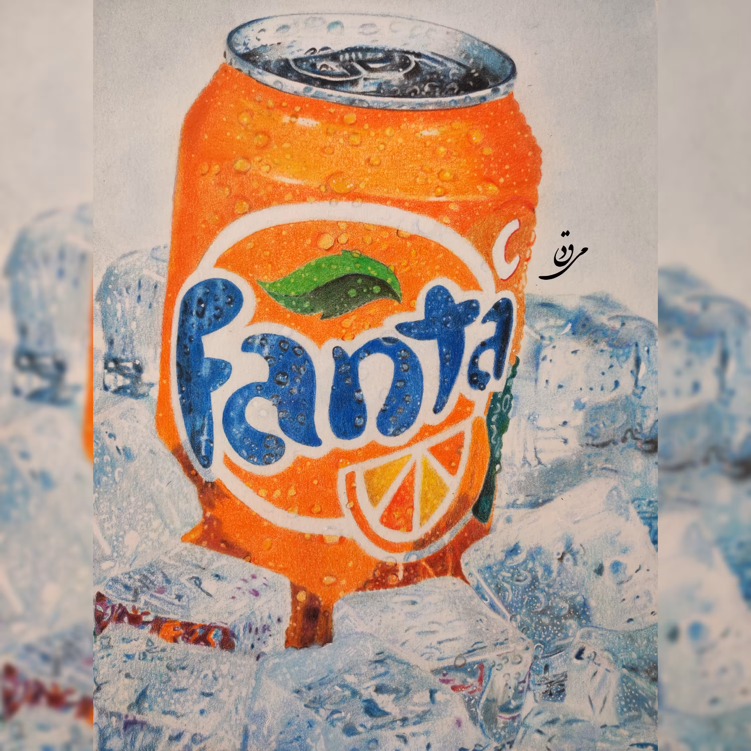 نقاشی سبک هایپررئال تکنیک مدادرنگی از  قوطی نوشابه و یخ سایز A4