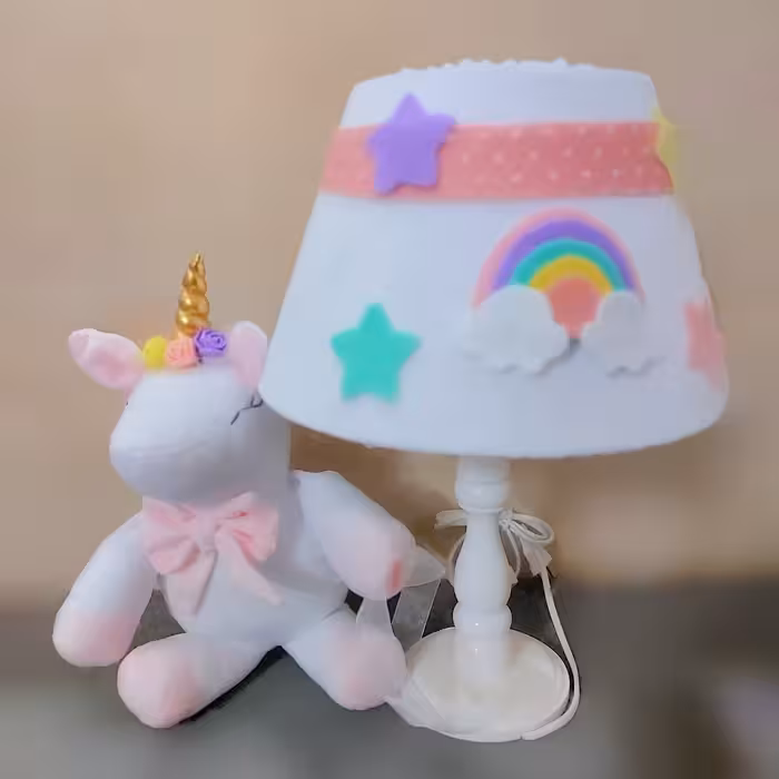 آباژور روشنایی اتاق کودک تم یونیکورن دخترانه پایه چوب خراطی.کیفیت درجه یک.کاور قابل شستشو